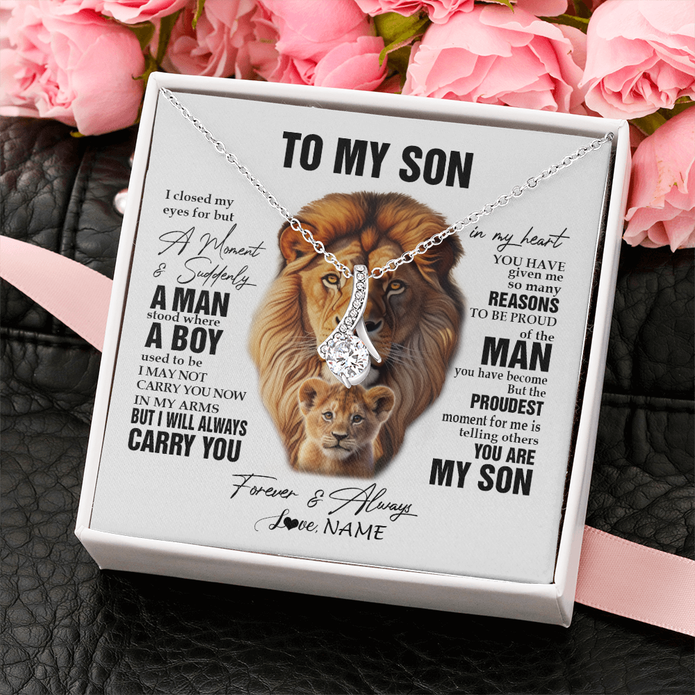 Alluring Beauty Necklace 14K White Gold Finish | 2 | Personalized To My Son Lion Necklace From Dad Father I Closed My Eyes Great Son Birthday Gifts Graduation Christmas Customized Gift Box Message Card | havt