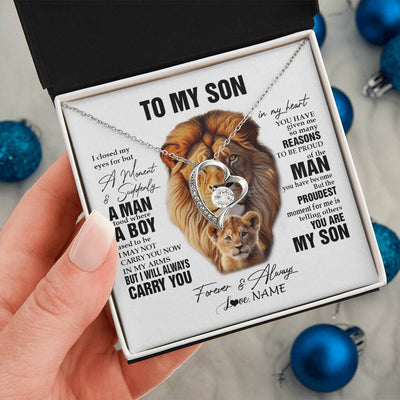 Forever Love Necklace 14K White Gold Finish | 2 | Personalized To My Son Lion Necklace From Dad Father I Closed My Eyes Great Son Birthday Gifts Graduation Christmas Customized Gift Box Message Card | havt