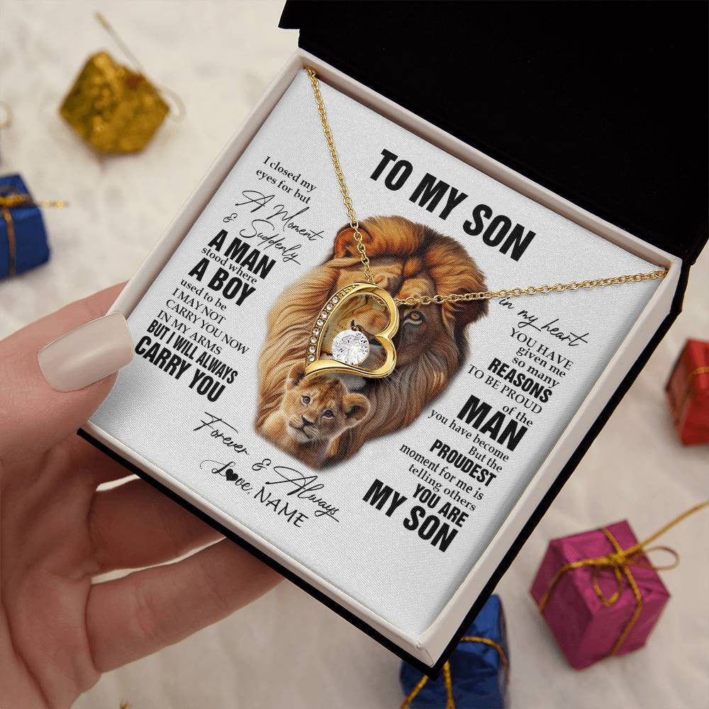Forever Love Necklace 18K Yellow Gold Finish | 2 | Personalized To My Son Lion Necklace From Dad Father I Closed My Eyes Great Son Birthday Gifts Graduation Christmas Customized Gift Box Message Card | havt