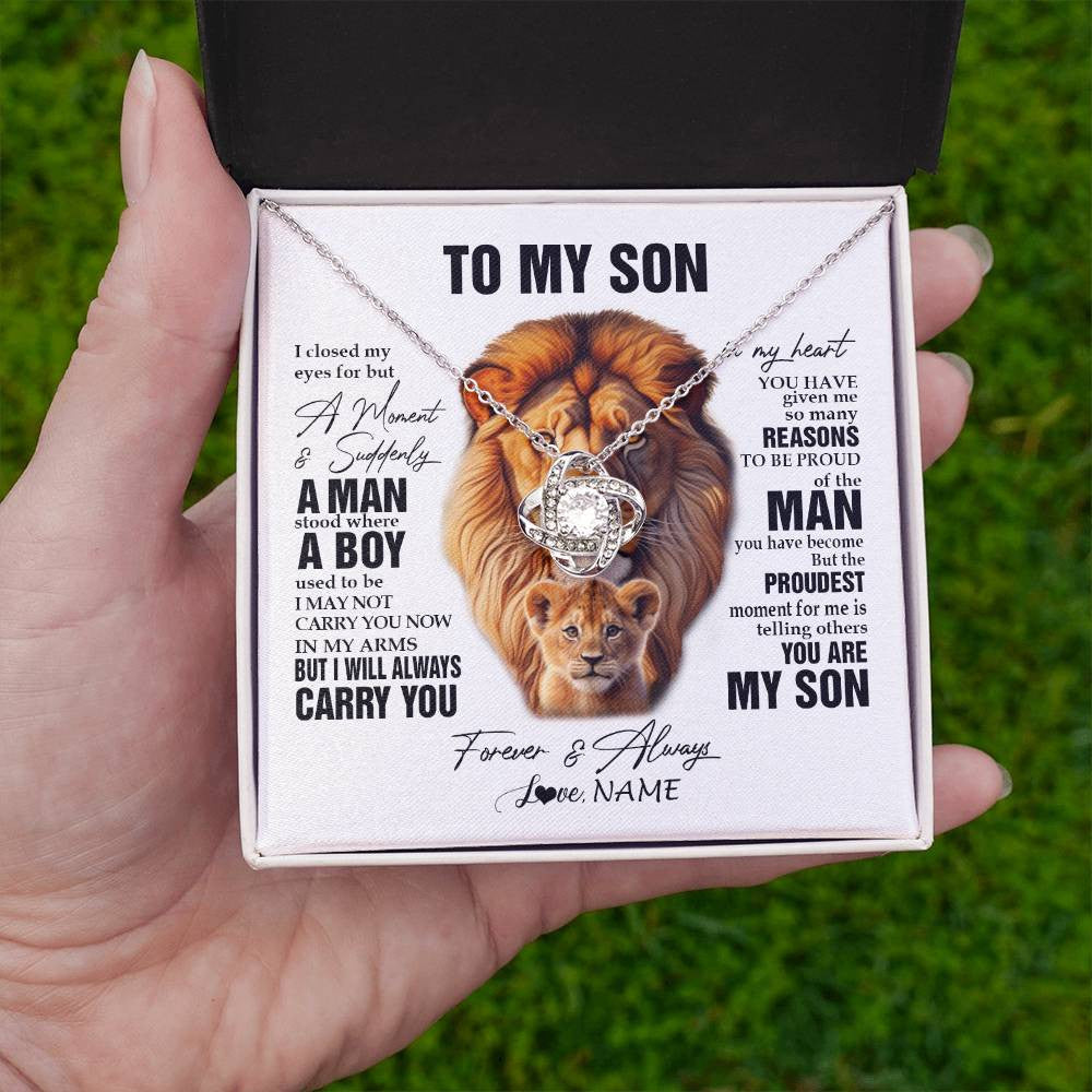 Love Knot Necklace 14K White Gold Finish | 2 | Personalized To My Son Lion Necklace From Dad Father I Closed My Eyes Great Son Birthday Gifts Graduation Christmas Customized Gift Box Message Card | havt