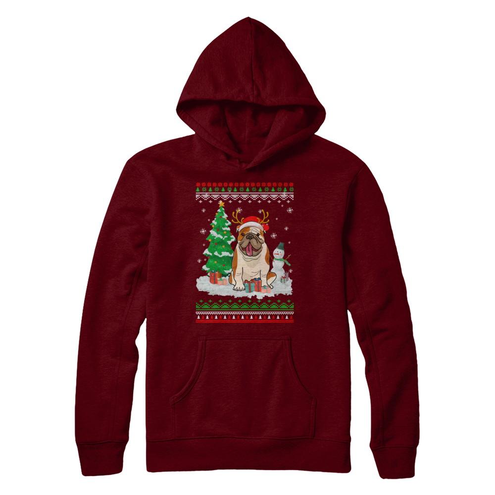 Cute Reindeer Bulldog Christmas Puppie Dog Sweater-T-Shirt & Sweatshirt-Pullover Hoodie-Maroon