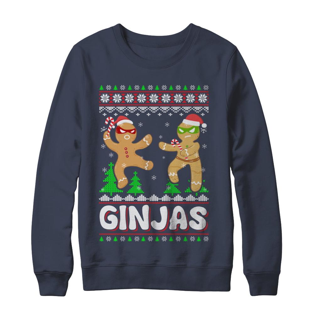 Ginjas Gingerbread Ninjas Funny Ugly Christmas Sweater-T-Shirt & Sweatshirt-Crewneck Sweatshirt-Navy