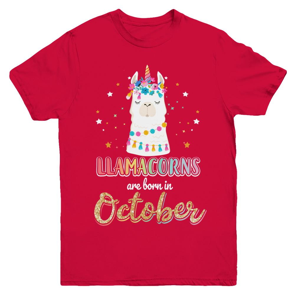 Llama Unicorn Llamacorns Born In October Birthday Gift Youth-Youth Shirt-Youth T-Shirt-Red