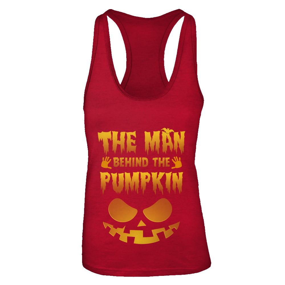 The Man Behind The Pumpkin Funny Pregnant Halloween-T-Shirt & Tank Top-Women's Ideal Racerback Tank-Red