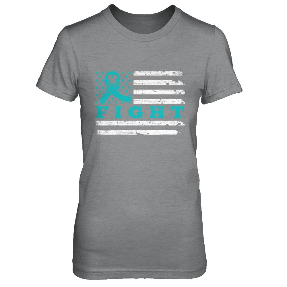 Fight Teal Ribbon US Flag Ovarian Cancer Awareness-T-Shirt & Hoodie-Women's T-Shirt-Sport Grey