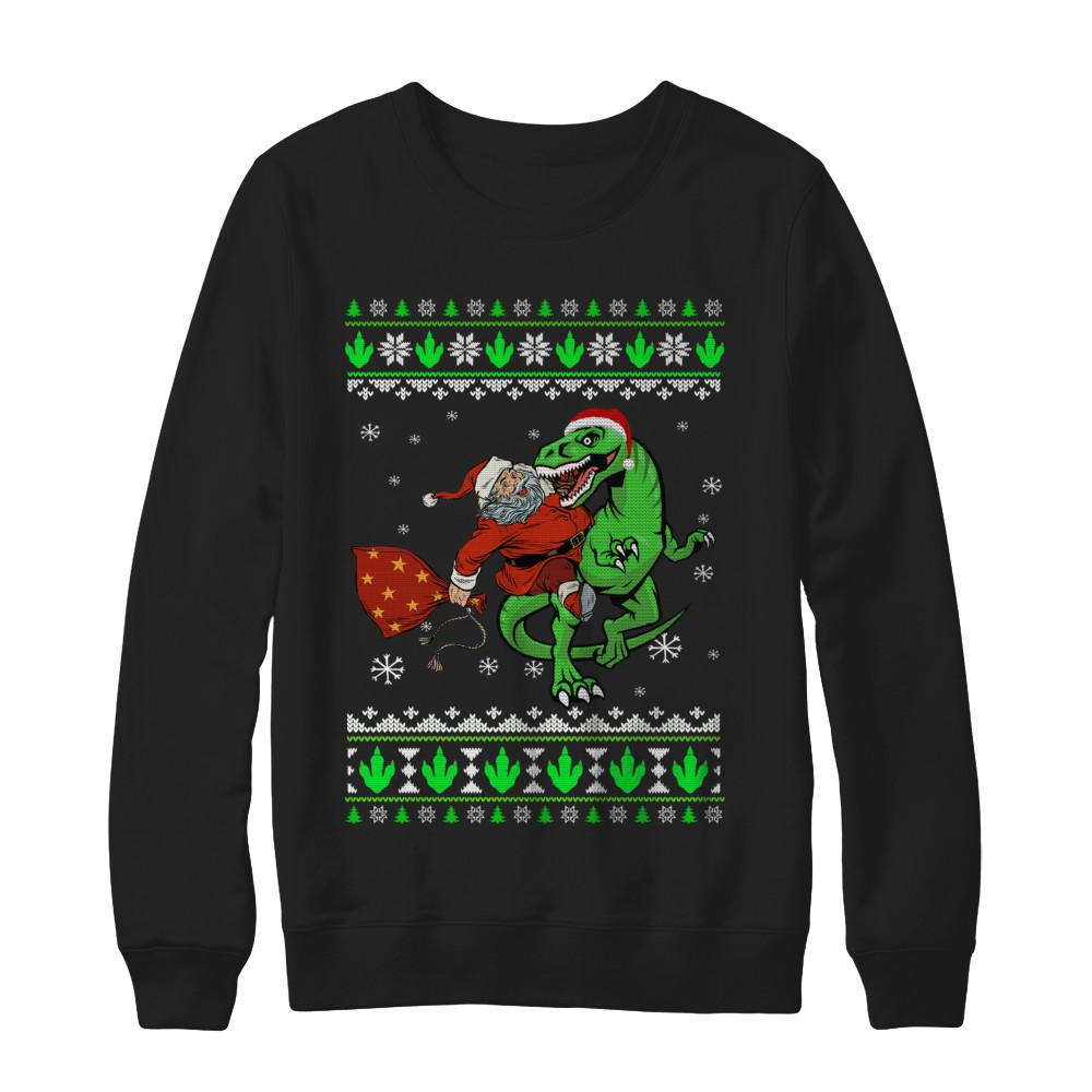 Santa Riding Dinosaur T-Rex Ugly Christmas Sweater-T-Shirt & Sweatshirt-Crewneck Sweatshirt-Black
