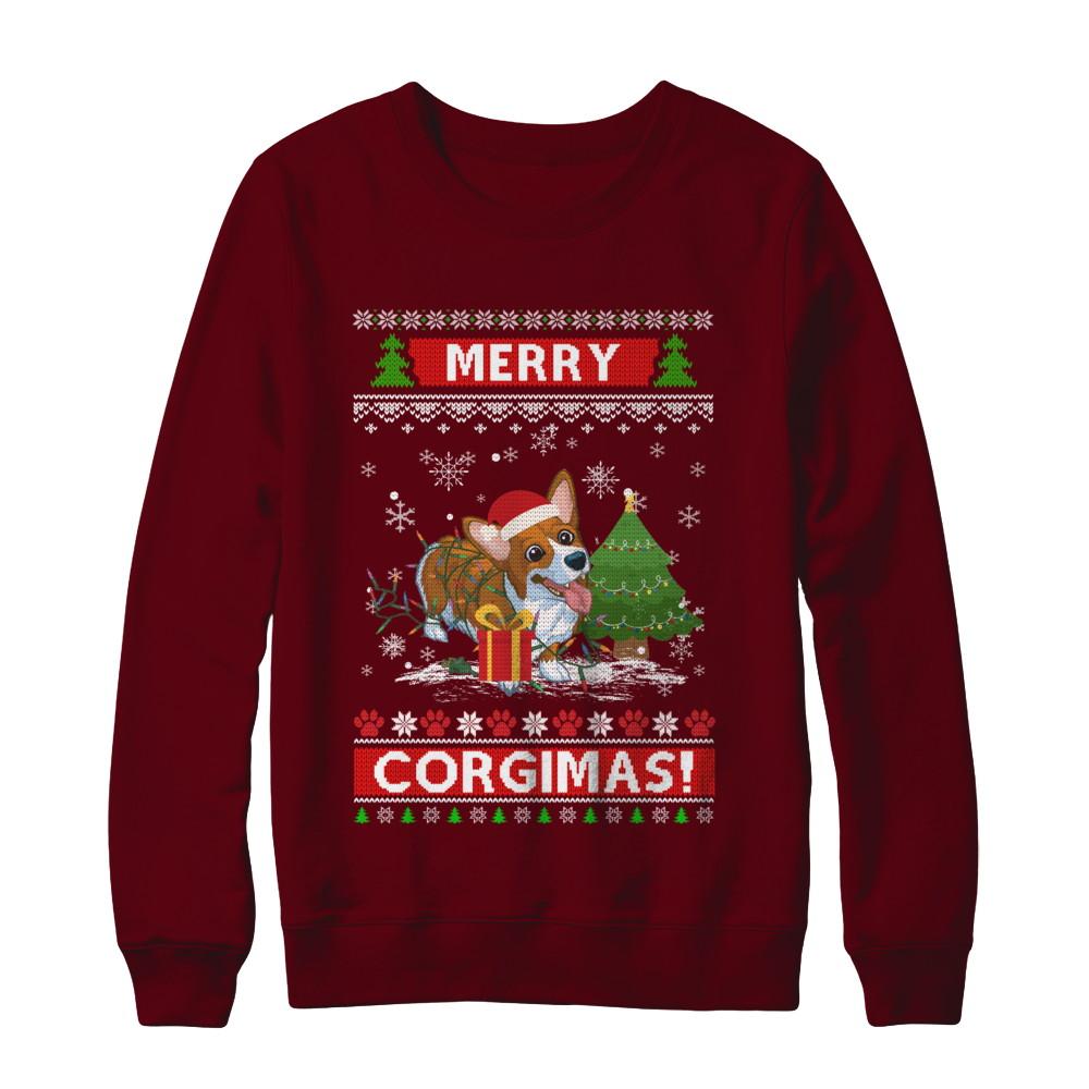 Funny Merry Corgmas Santa Corgi Ugly Christmas Sweater-T-Shirt & Sweatshirt-Crewneck Sweatshirt-Maroon