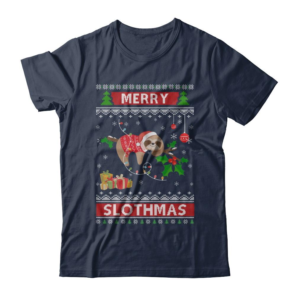 Merry Slothmas Funny Sloth Ugly Christmas Sweater-T-Shirt & Sweatshirt-Classic T-Shirt-Navy