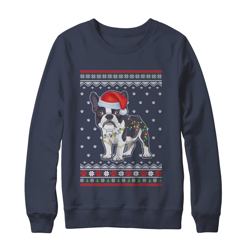 Bulldog Christmas Ugly Sweater Lights Dog Xmas Gift-T-Shirt & Sweatshirt-Crewneck Sweatshirt-Navy