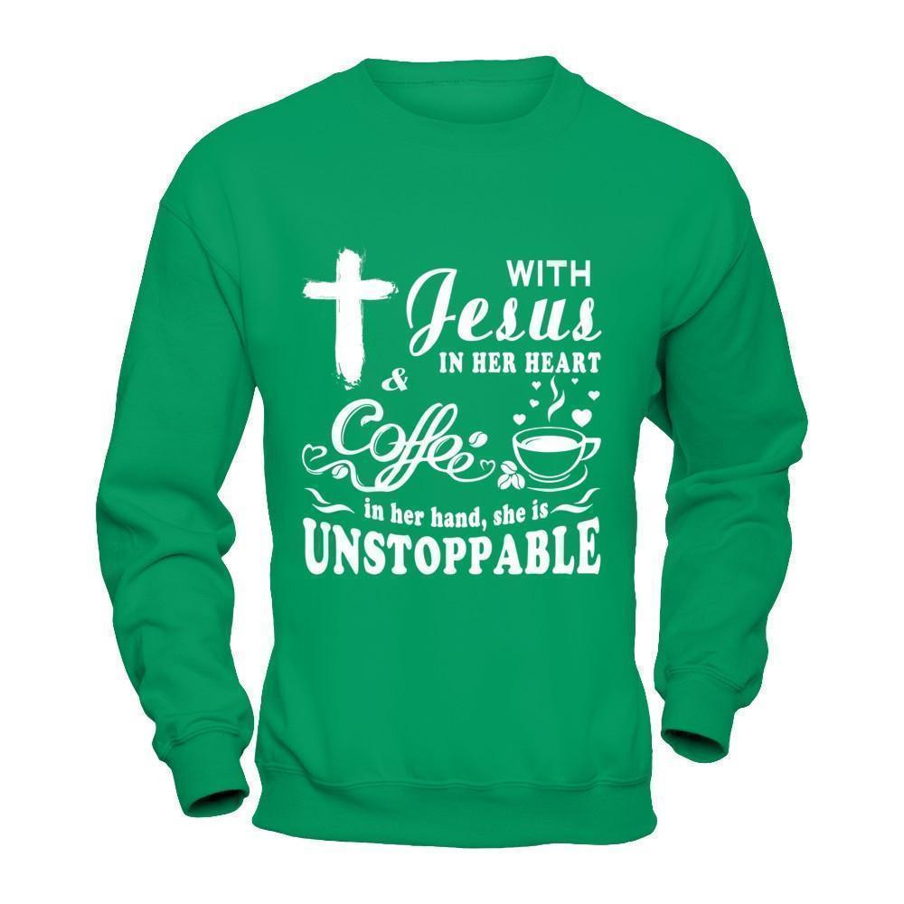 With Jesus In Her Heart And Coffee In Her Hand-T-Shirt & Hoodie-Crewneck Sweatshirt-Irish Green