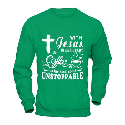 With Jesus In Her Heart And Coffee In Her Hand-T-Shirt & Hoodie-Crewneck Sweatshirt-Irish Green