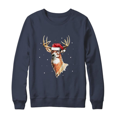 Christmas Pajama Deer With Santa Hat Hunting Hunter-T-Shirt & Sweatshirt-Crewneck Sweatshirt-Navy