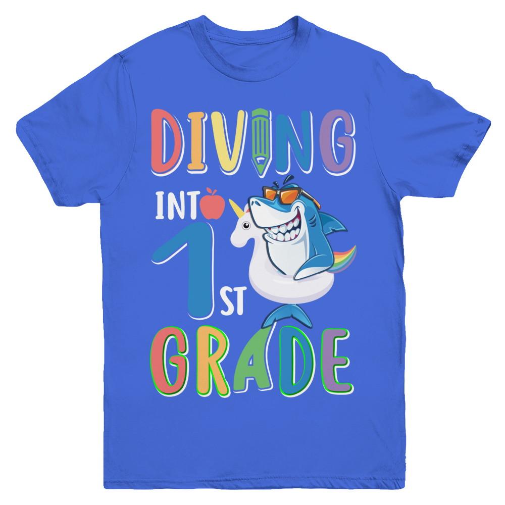 Diving Into 1st Grade Back To School Shark Youth-Youth Shirt-Youth T-Shirt-Royal