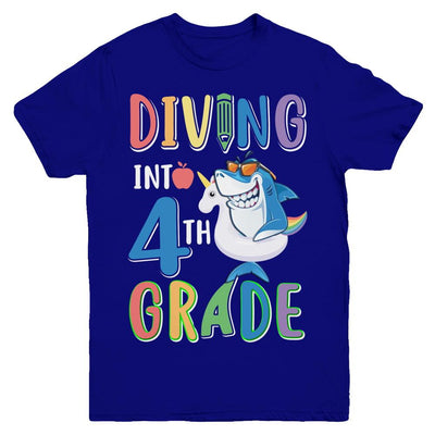 Diving Into 4th Grade Back To School Shark Youth-Youth Shirt-Youth T-Shirt-Navy