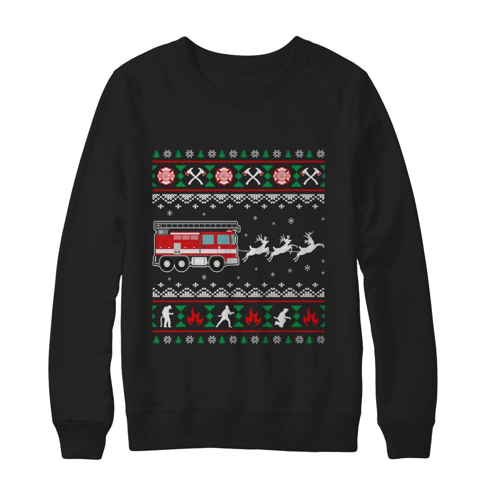 Merry Christmas Firefighter Fireman Ugly Sweater Gift-T-Shirt & Sweatshirt-Crewneck Sweatshirt-Black