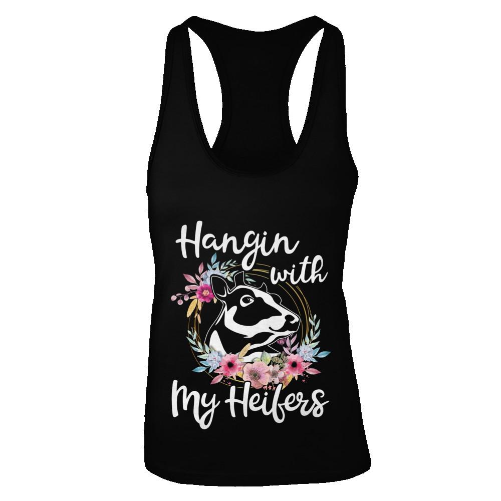 Hanging With My Heifers Flower Funny Cow Farmer-T-Shirt & Tank Top-Women's Ideal Racerback Tank-Black