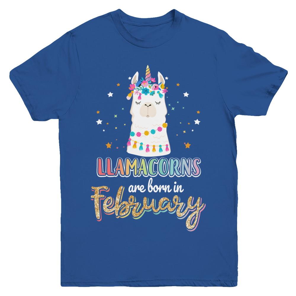 Llama Unicorn Llamacorns Born In February Birthday Gift Youth-Youth Shirt-Youth T-Shirt-Royal