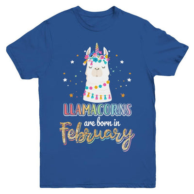 Llama Unicorn Llamacorns Born In February Birthday Gift Youth-Youth Shirt-Youth T-Shirt-Royal