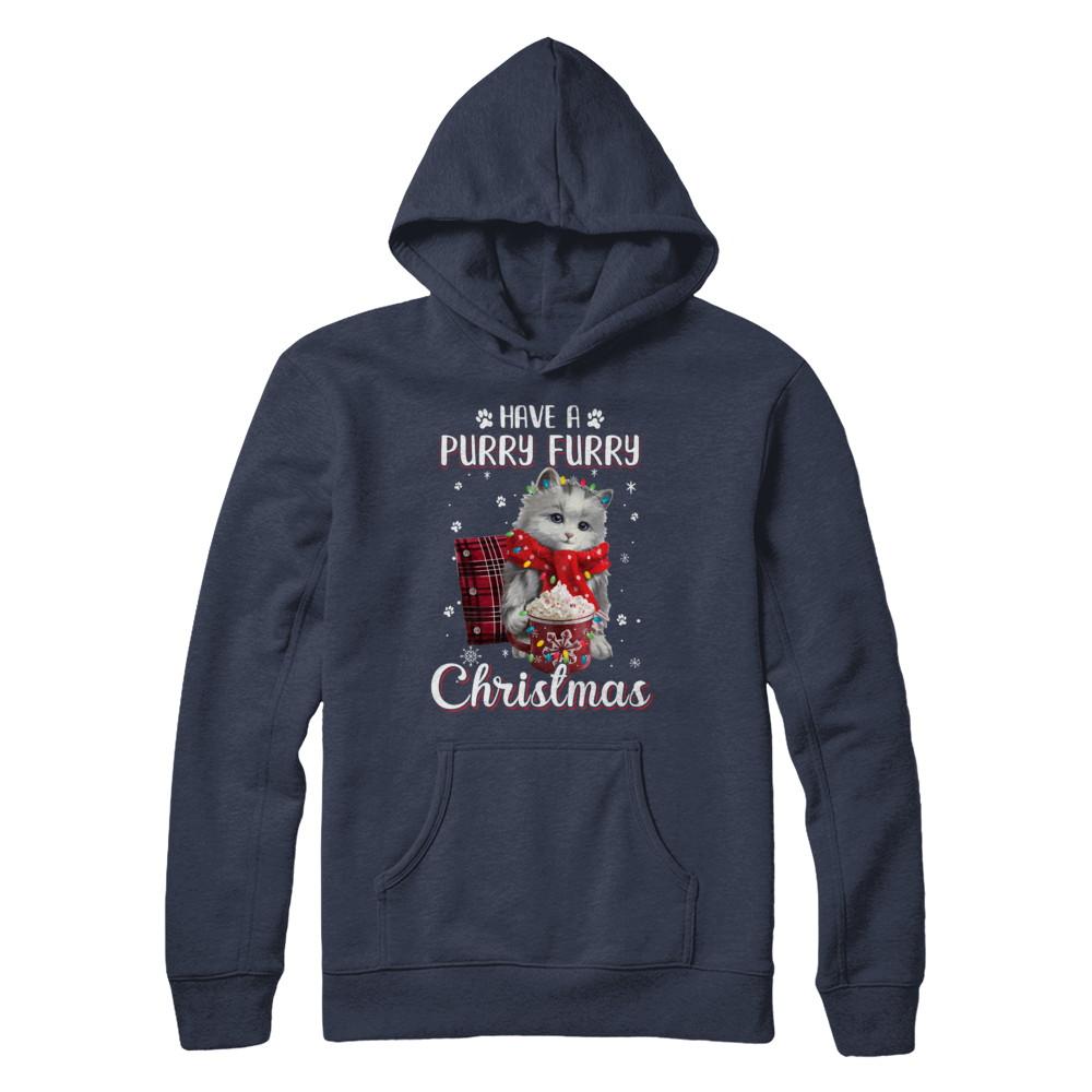 Have A Purry Furry Christmas Funny Holiday Xmas Cat-T-Shirt & Sweatshirt-Pullover Hoodie-Navy