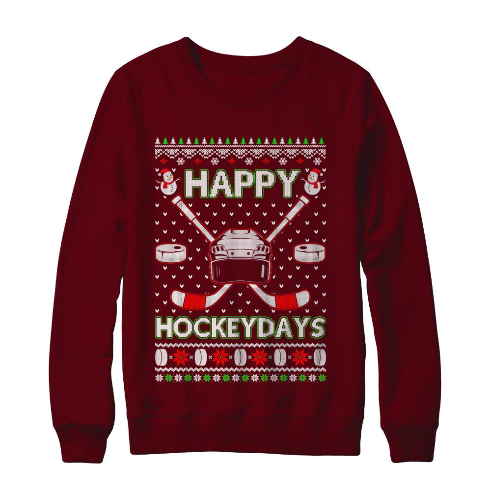 Happy Hockeydays Hockey Ugly Christmas Sweater-T-Shirt & Sweatshirt-Crewneck Sweatshirt-Maroon