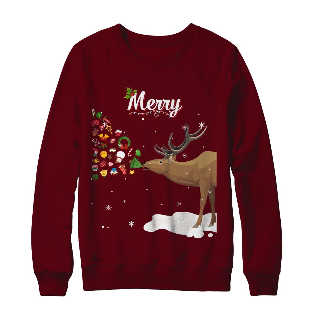 Couples Sick Reindeer Funny Ugly Merry Christmas Sweater-T-Shirt & Sweatshirt-Crewneck Sweatshirt-Maroon
