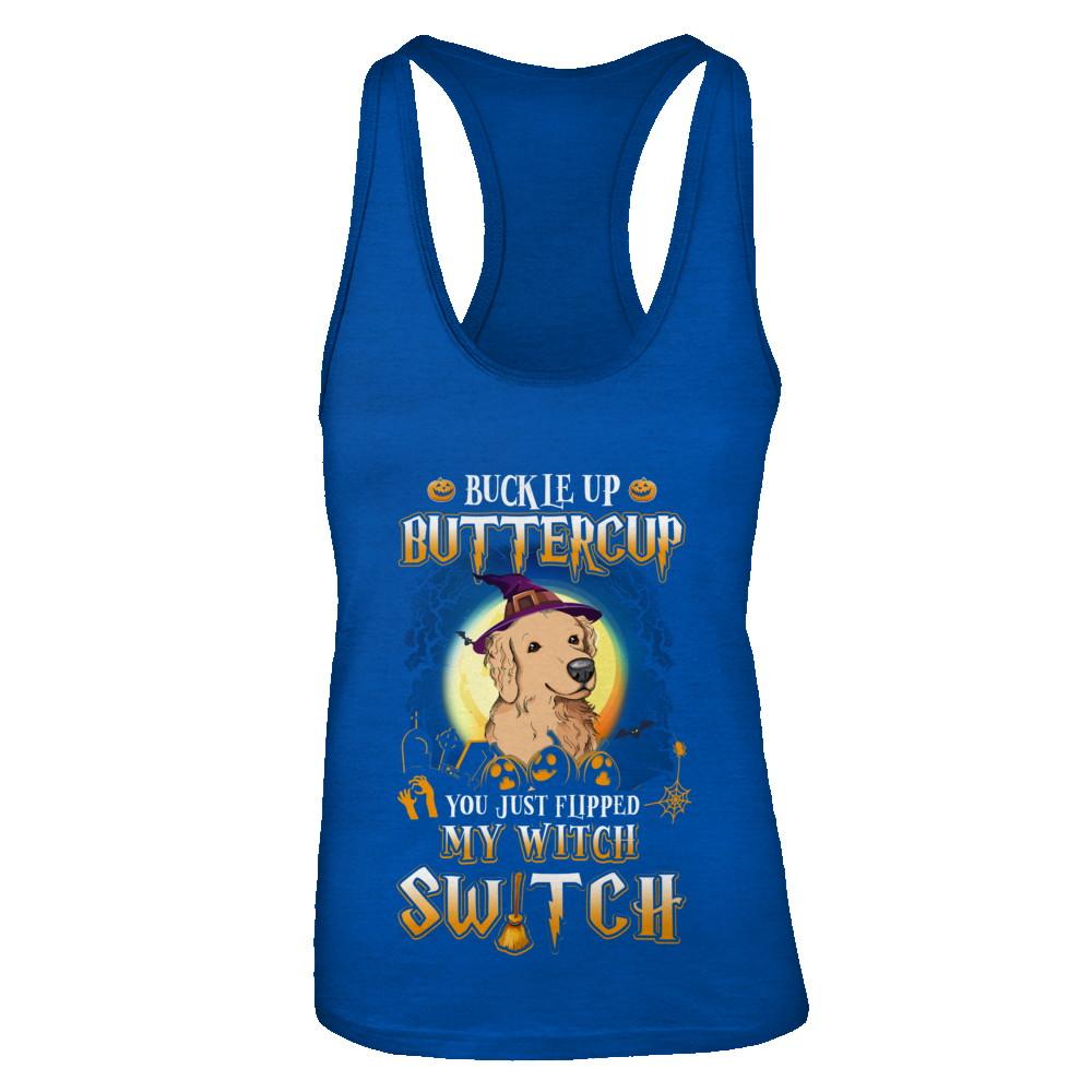 Buckle Up Buttercup Halloween Witch Golden Retriever Costume-T-Shirt & Tank Top-Women's Ideal Racerback Tank-Royal
