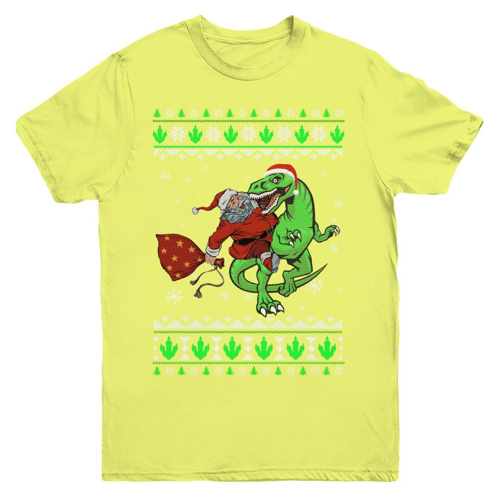 Santa Riding Dinosaur T-Rex Ugly Christmas Sweater Youth-Youth Shirt-Youth T-Shirt-Daisy