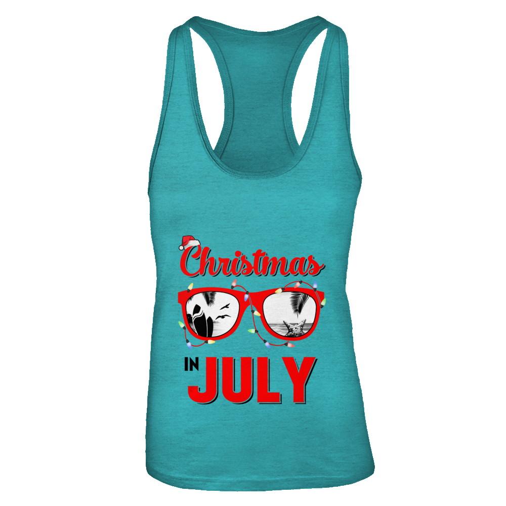 July In Christmas Santa Hat Sunglasses Summer Vacation-T-Shirt & Tank Top-Women's Ideal Racerback Tank-Tahiti Blue