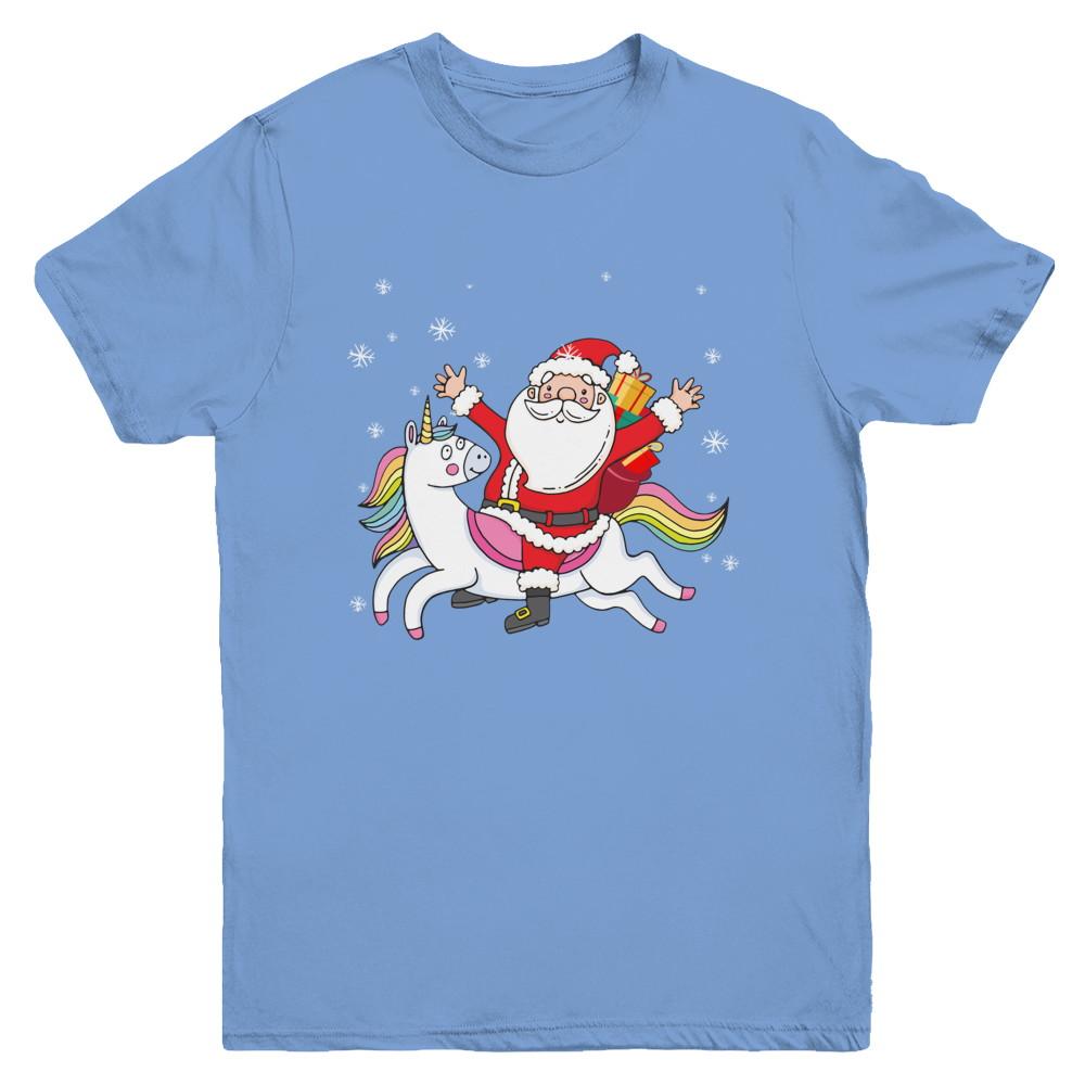 Santa Riding Unicorn Christmas Kids Girls Women Xmas Youth-Youth Shirt-Youth T-Shirt-Carolina Blue