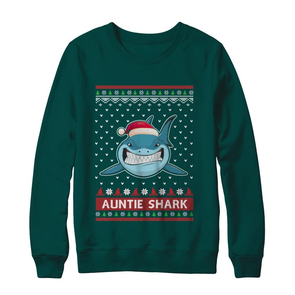 Santa Hat Auntie Shark Ugly Christmas Sweater-T-Shirt & Sweatshirt-Crewneck Sweatshirt-Deep Forest