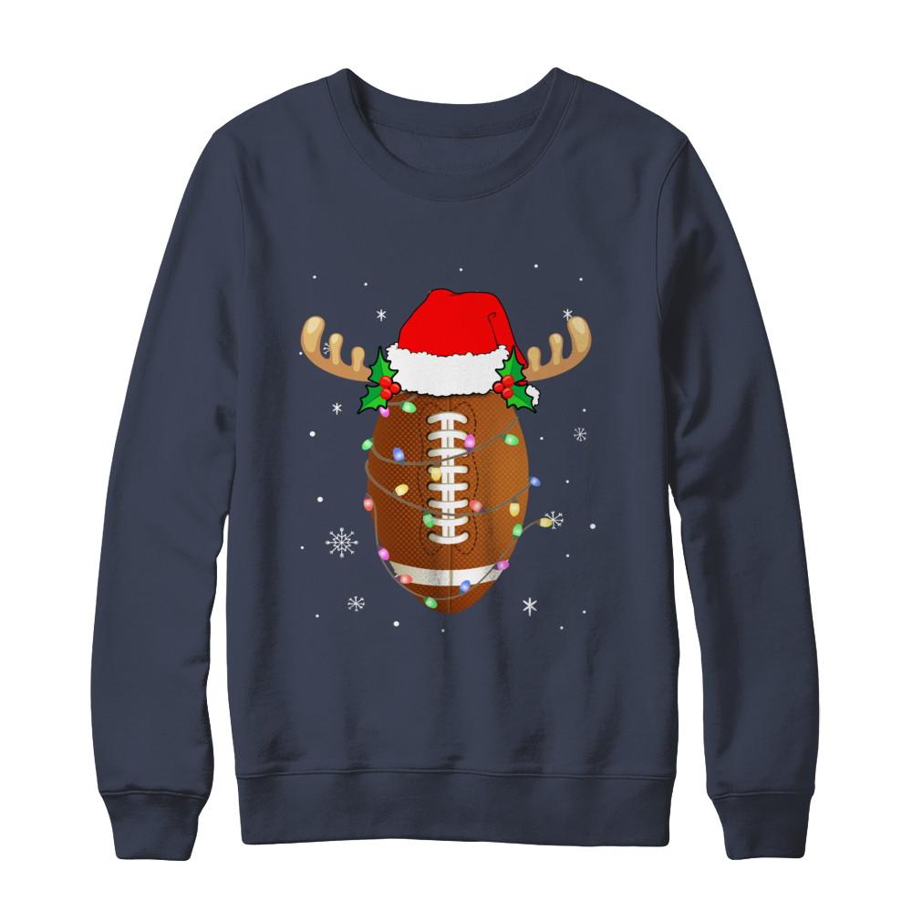 Santa Hat Football Reindeer Christmas Gifts-T-Shirt & Sweatshirt-Crewneck Sweatshirt-Navy