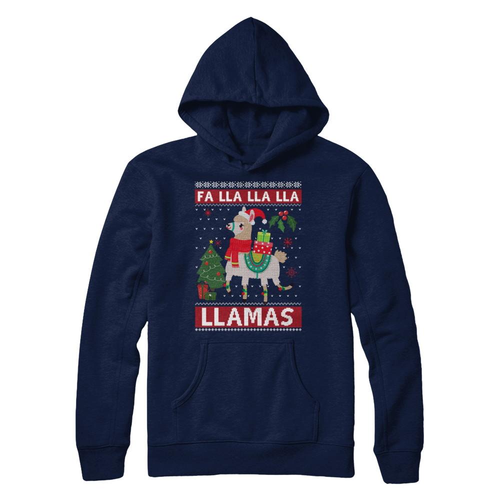 Fa Lla Lla Llama Christmas Singing Cute Ugly Sweater-T-Shirt & Sweatshirt-Pullover Hoodie-Navy