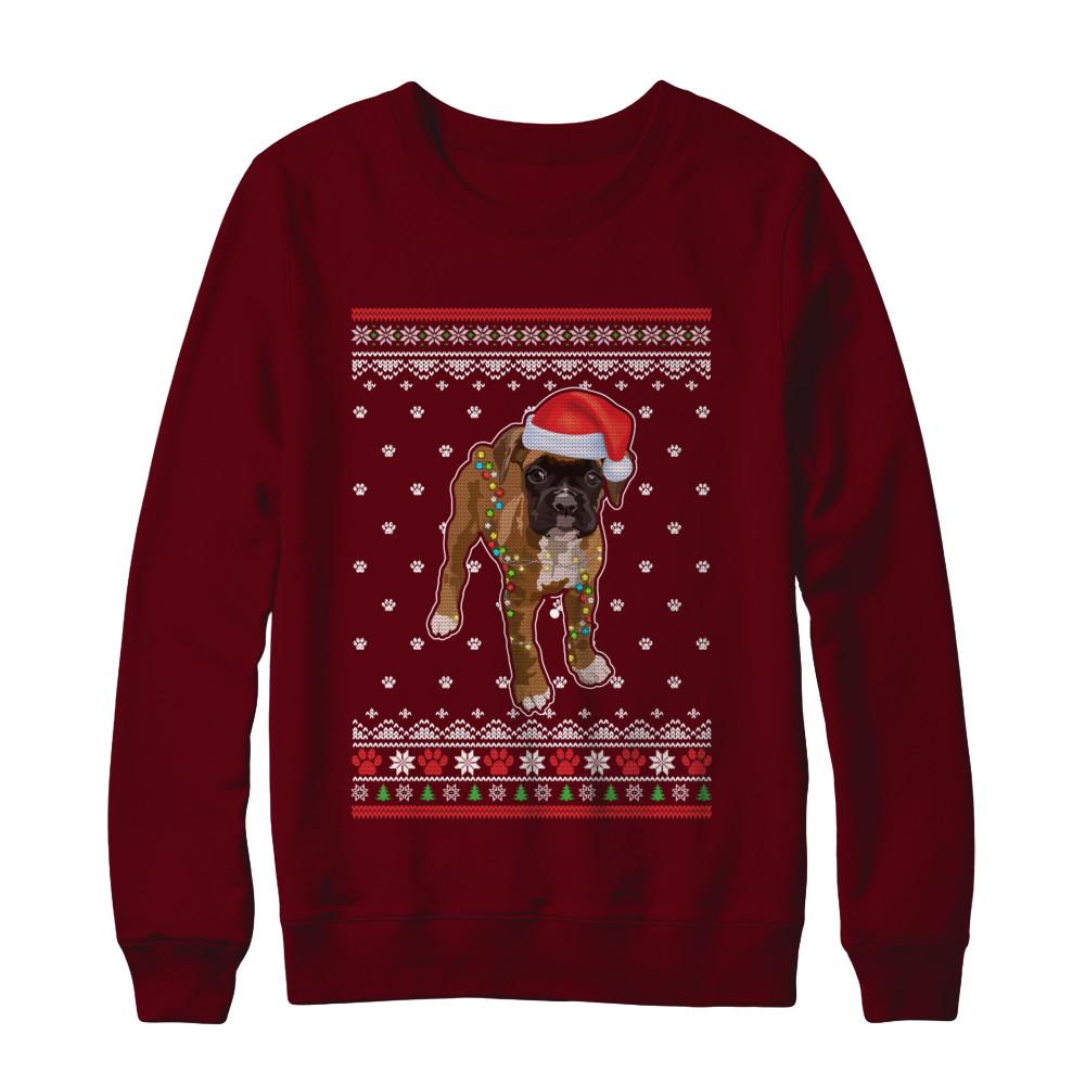 Boxer Christmas Ugly Sweater Lights Dog Xmas Gift-T-Shirt & Sweatshirt-Crewneck Sweatshirt-Maroon