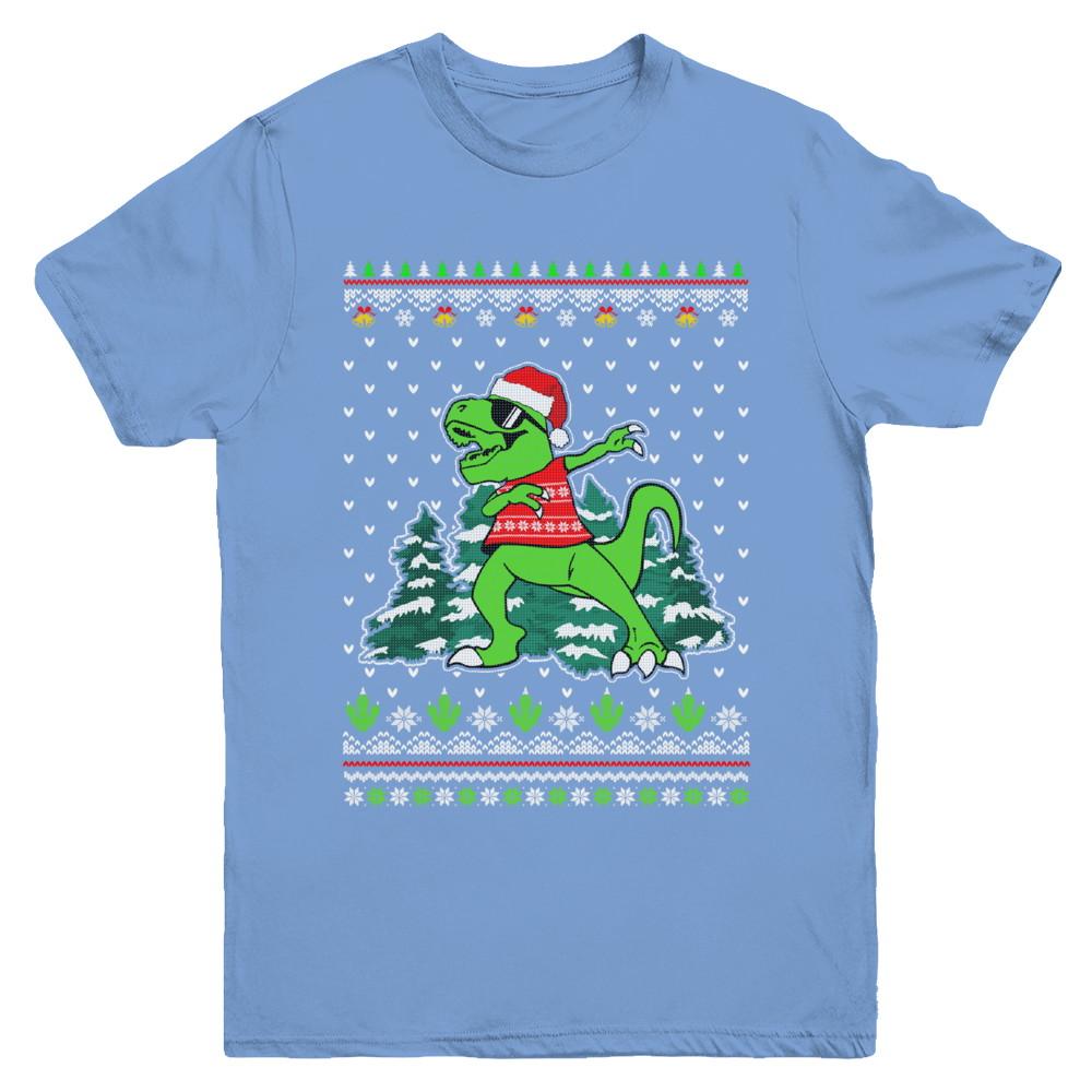Funny Dab Dabbing Dinosaur Ugly Christmas Sweater Xmas Youth-Youth Shirt-Youth T-Shirt-Carolina Blue