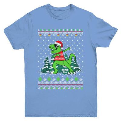 Funny Dab Dabbing Dinosaur Ugly Christmas Sweater Xmas Youth-Youth Shirt-Youth T-Shirt-Carolina Blue