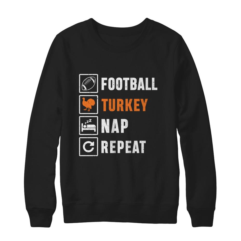 Football Turkey Nap Repeat Funny Thanksgiving Day-T-Shirt & Sweatshirt-Crewneck Sweatshirt-Black
