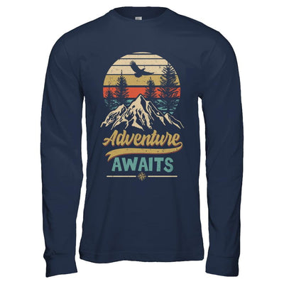 Vintage Adventure Awaits Camping Camper Outdoor Travel-T-Shirt & Hoodie-Long Sleeve T-Shirt-Navy