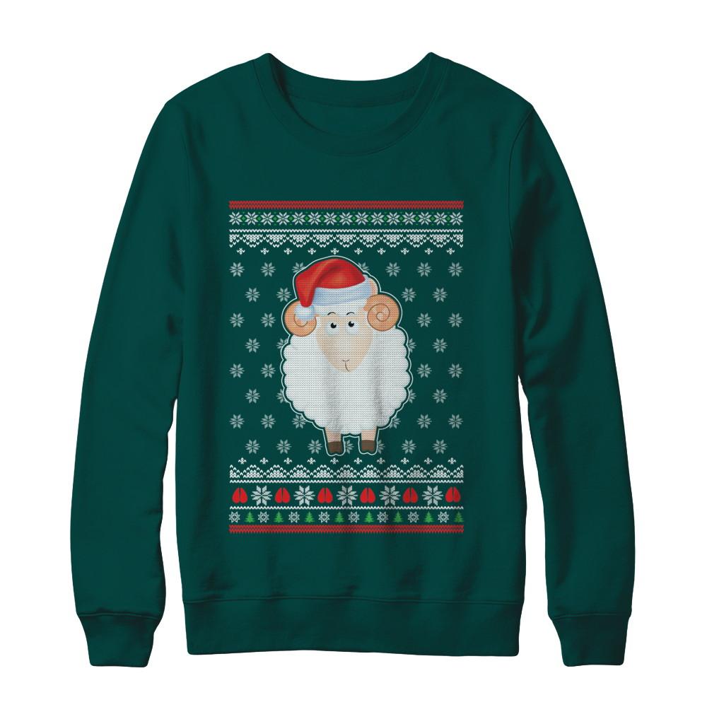 Pajamas Lamb Sheep Santa Hat Ugly Christmas Sweater-T-Shirt & Sweatshirt-Crewneck Sweatshirt-Deep Forest