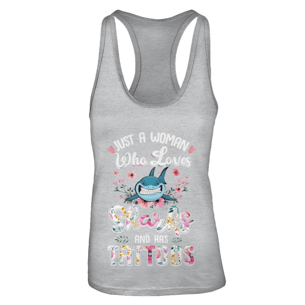 Just A Woman Who Loves Sharks And Has Tattoos-T-Shirt & Tank Top-Women's Ideal Racerback Tank-Heather Grey