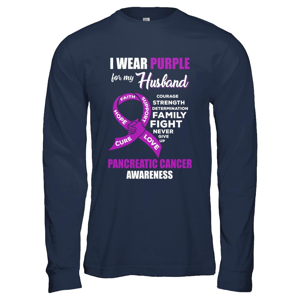 Pancreatic Cancer I Wear Purple For My Husband Wife-T-Shirt & Hoodie-Long Sleeve T-Shirt-Navy