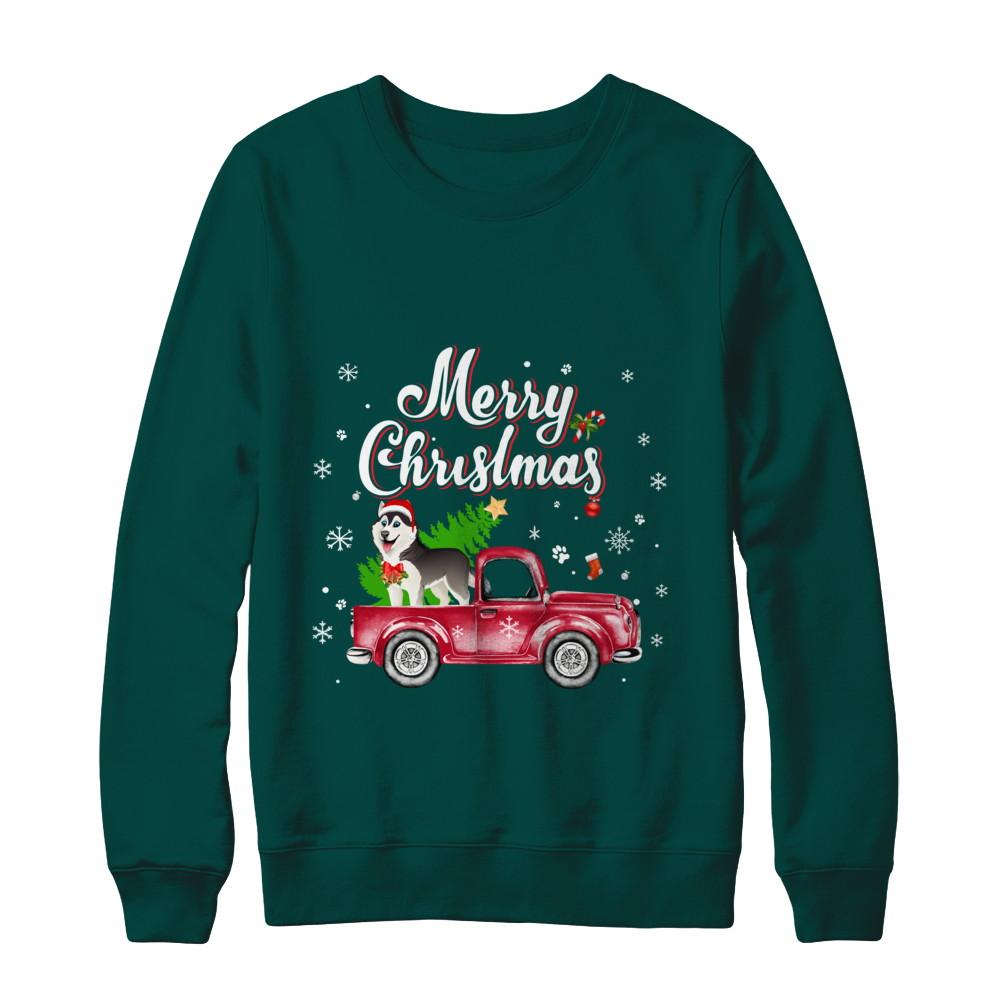 Husky Retriever Rides Red Truck Christmas Pajama-T-Shirt & Sweatshirt-Crewneck Sweatshirt-Deep Forest