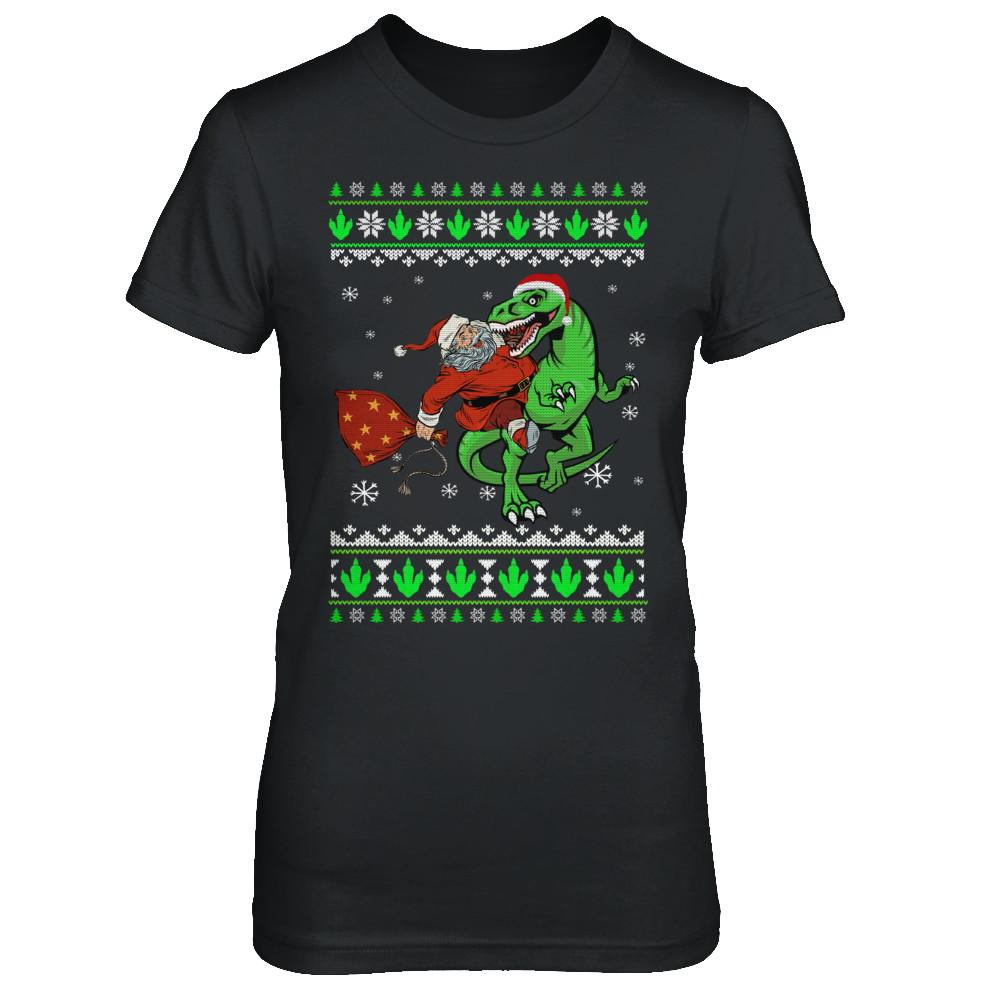 Santa Riding Dinosaur T-Rex Ugly Christmas Sweater-T-Shirt & Sweatshirt-Women's T-Shirt-Black