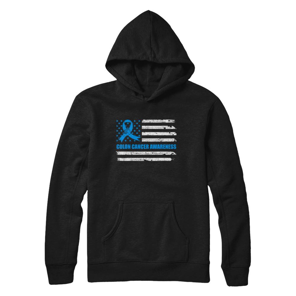Blue Ribbon Colon Cancer Awareness US Flag-T-Shirt & Hoodie-Pullover Hoodie-Black