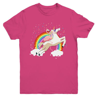 Flamingo Pink Bird Riding Unicorn Youth-Youth Shirt-Youth T-Shirt-Heliconia