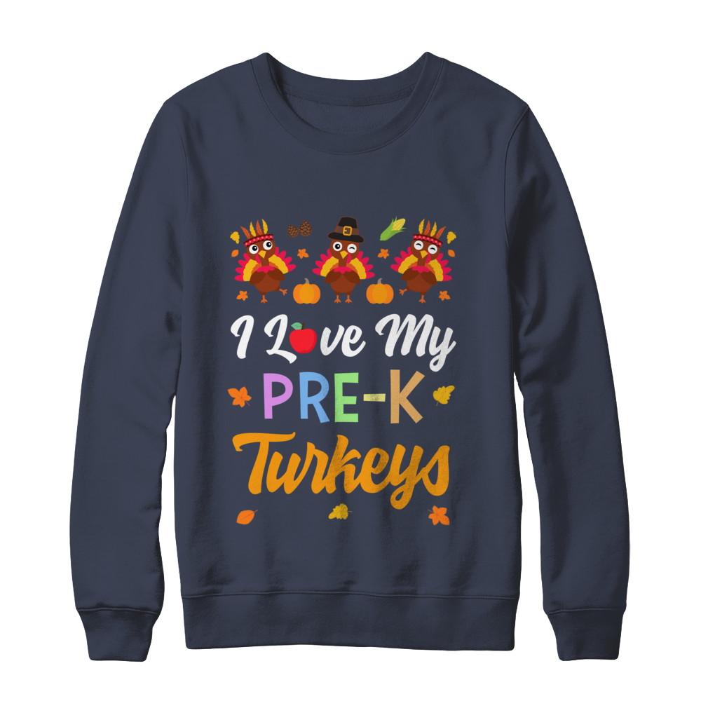 I Love My Pre-K Turkeys Pumpkin Student School Teacher-T-Shirt & Sweatshirt-Crewneck Sweatshirt-Navy