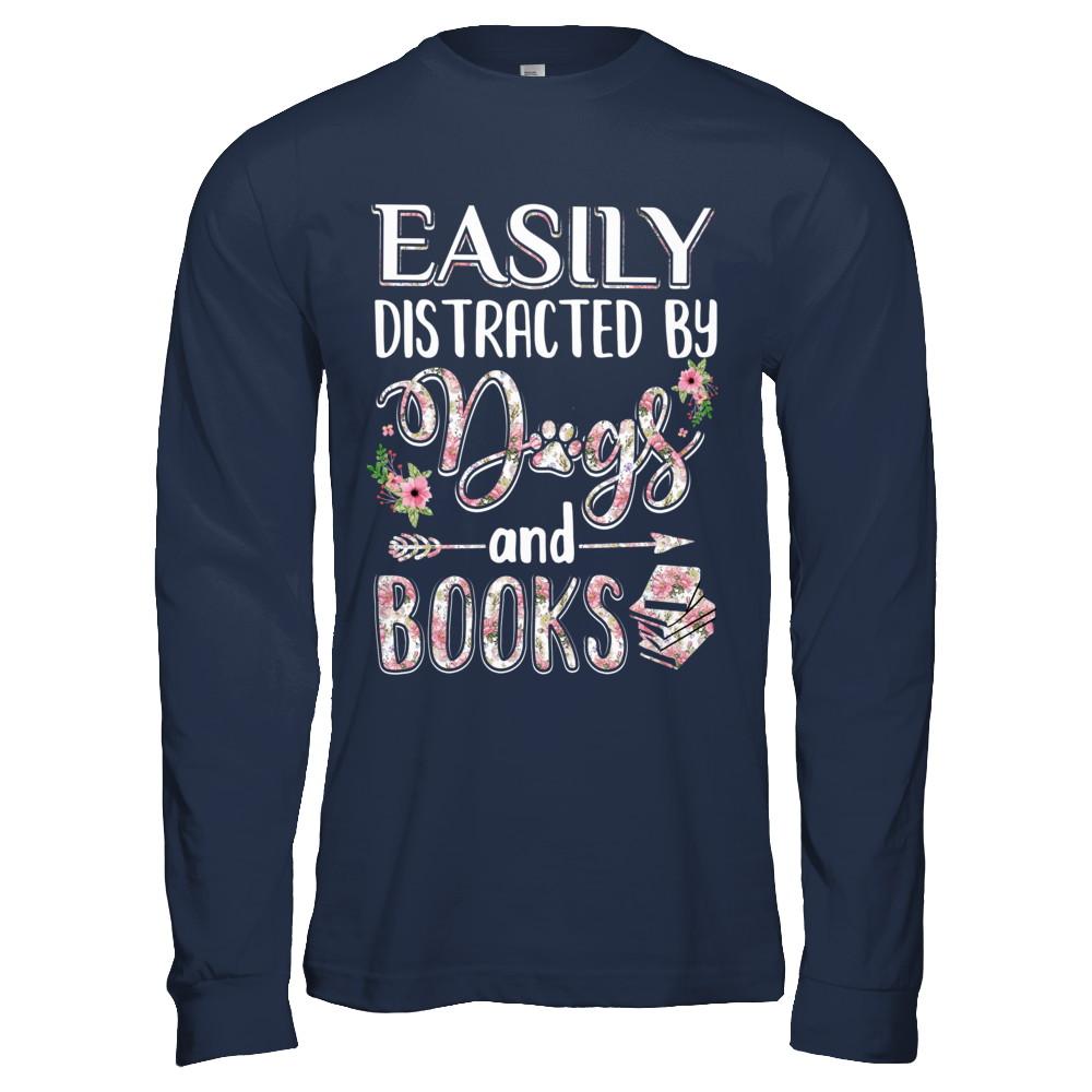 Easily Distracted By Dogs And Books-T-Shirt & Hoodie-Long Sleeve T-Shirt-Navy