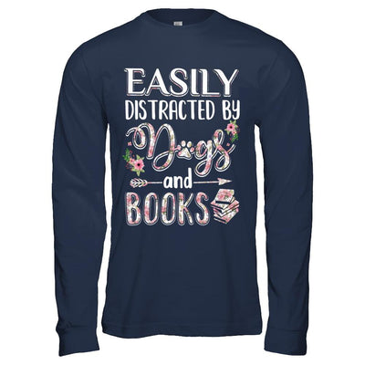 Easily Distracted By Dogs And Books-T-Shirt & Hoodie-Long Sleeve T-Shirt-Navy