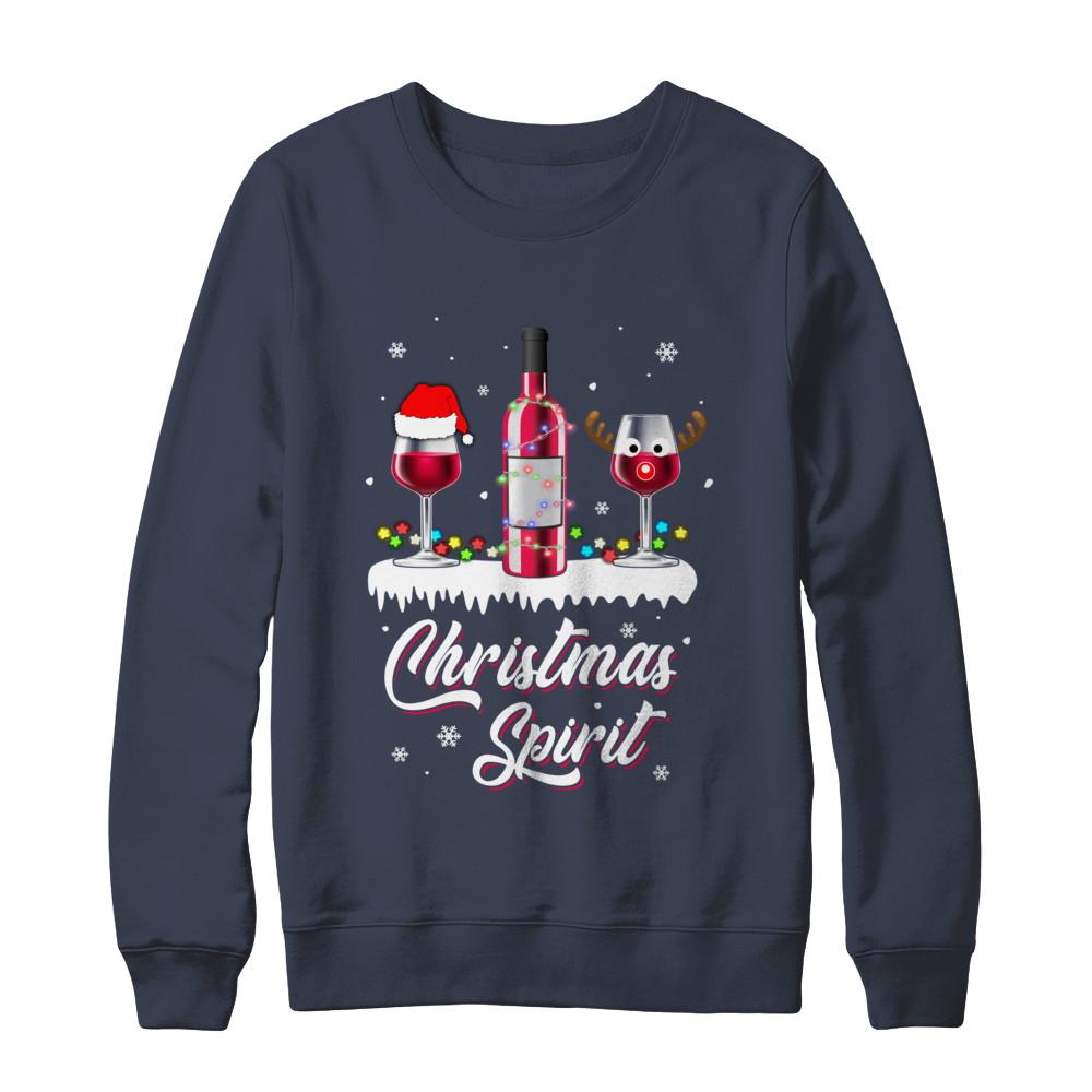 Christmas Spirits Santa Hat Wine Funny Christmas Gifts-T-Shirt & Sweatshirt-Crewneck Sweatshirt-Navy