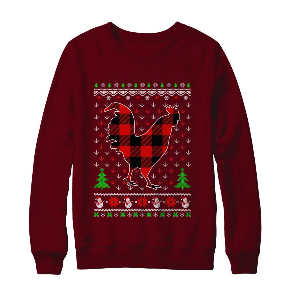 Funny Holiday Chicken Buffalo Plaid Ugly Christmas Sweater-T-Shirt & Sweatshirt-Crewneck Sweatshirt-Maroon