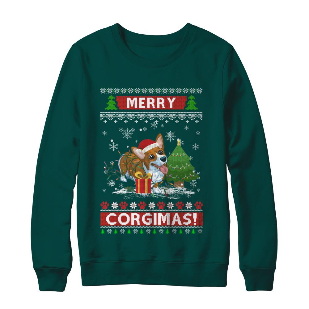 Funny Merry Corgmas Santa Corgi Ugly Christmas Sweater-T-Shirt & Sweatshirt-Crewneck Sweatshirt-Deep Forest